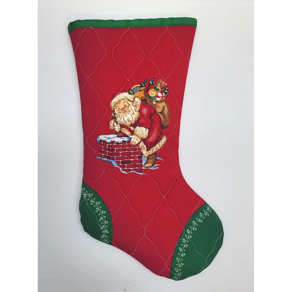 Handmade Quilted‎ Christmas Stocking Red Green Santa Chimney Vintage Style 13in